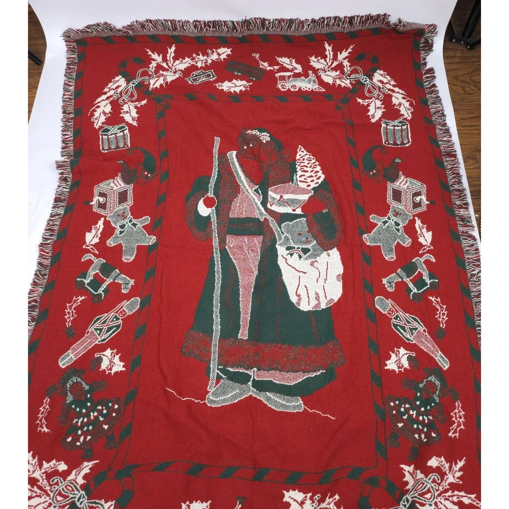Vintage Christmas Holiday Thrown Blanket Woven Tapestry Santa Claus Reversible